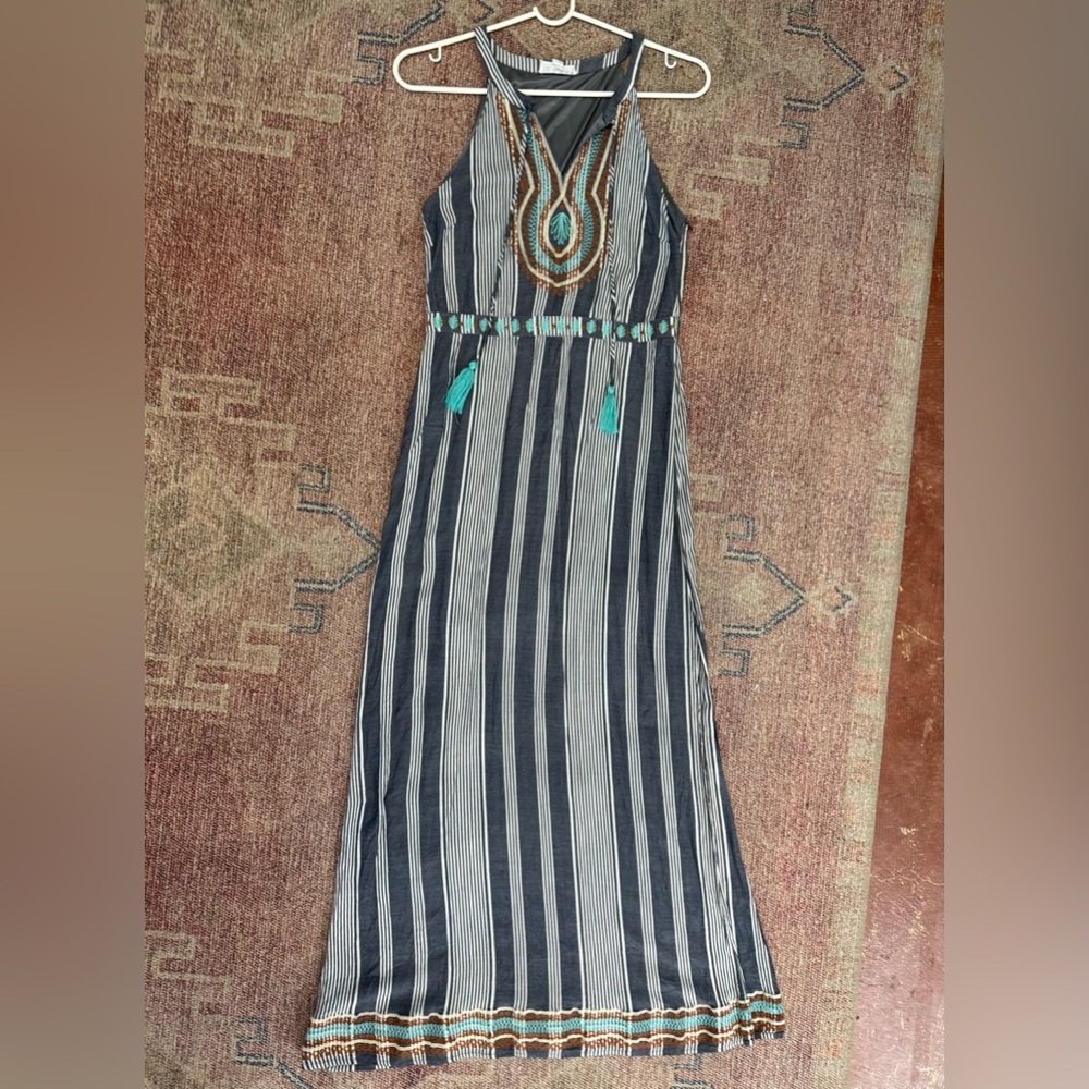 THML embroidered Racerback strappy striped MAXI dress sz med